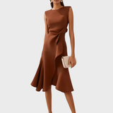 Eleanor | Women’s Draped Asymmetric Midi Dress – Coffee | The Bellemont Sisters Australia