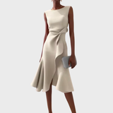 Eleanor | Women’s Draped Asymmetric Midi Dress – Cream | The Bellemont Sisters Australia