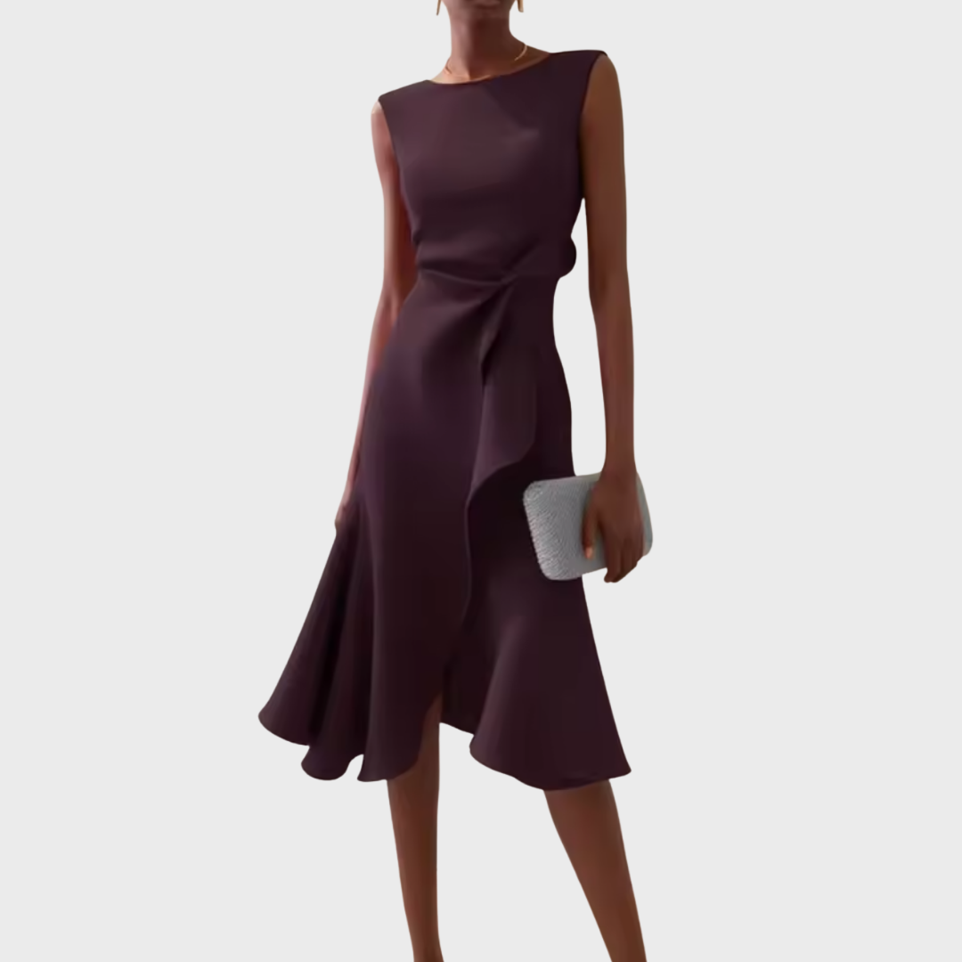 Eleanor | Women’s Draped Asymmetric Midi Dress – Dark Purple | The Bellemont Sisters Australia
