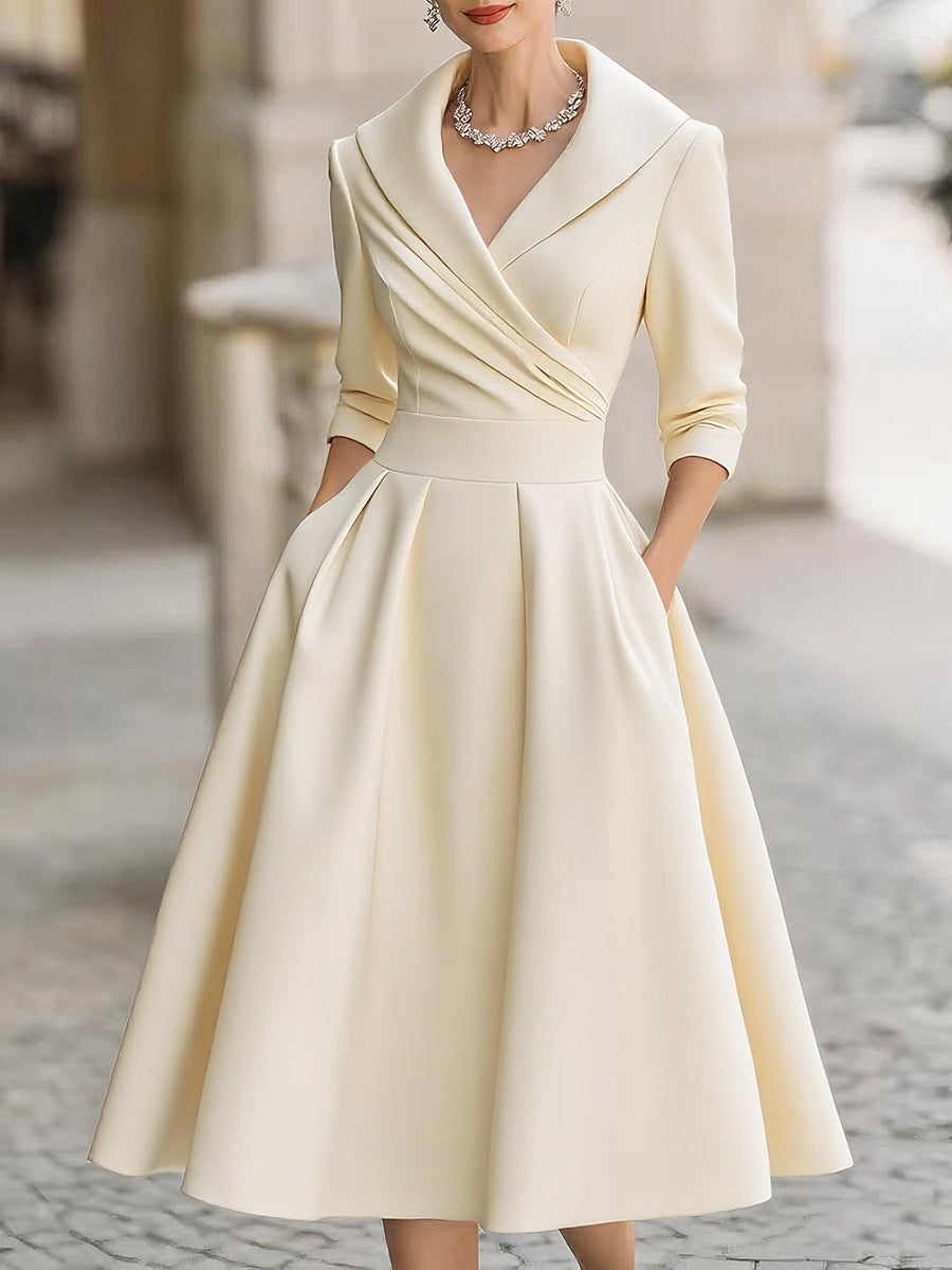 Sandy - Vintage-Inspired Satin Midi Dress With Draped Collar – Beige | The Bellemont Sisters Australia