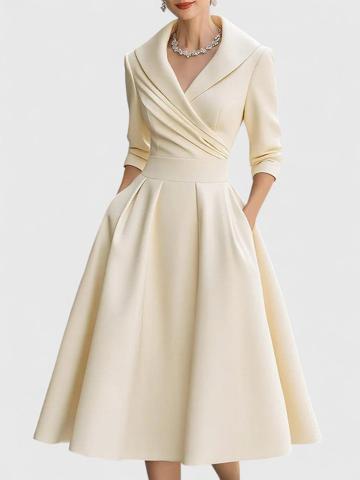 Yan | Elegant Midi Dress – Beige | The Bellemont Sisters Australia