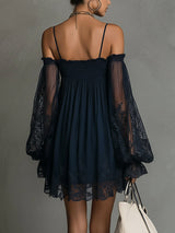 Noemi | Mini dress in navy blue chiffon with off-the-shoulder neckline, lace trim, and sheer sleeves | The Bellemont Sisters 