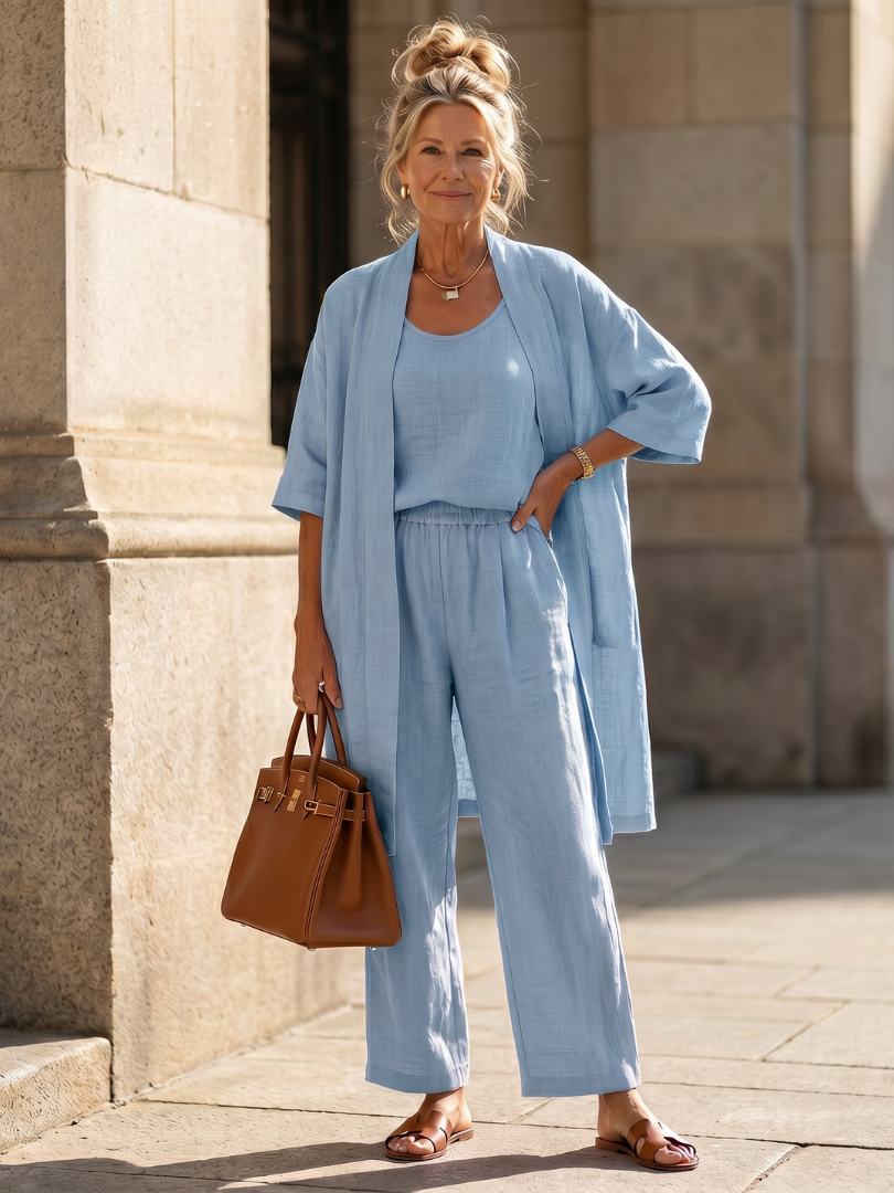 Yael | Three Piece Relaxed Top Pant Set – Blue | The Bellemont Sisters Australia