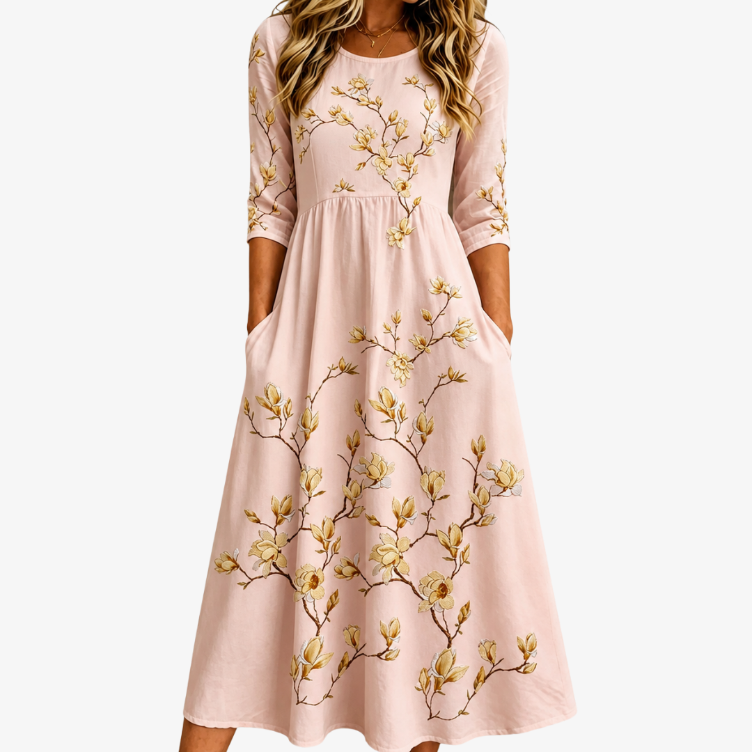 Golden Magnolia Bloom Pocket Midi Dress | The Bellemont Sisters Australia
