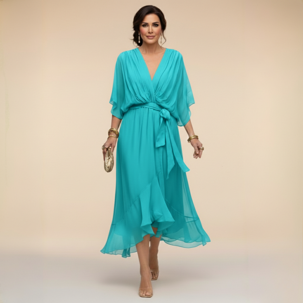 Sarah | Chiffon V-Neck Dress – Turqouise | The Bellemont Sisters Australia