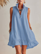 Vibrant Resort Orange Half-Zip Stand Collar Ruffled Mini Dress – Blue | The Bellemont Sisters Australia