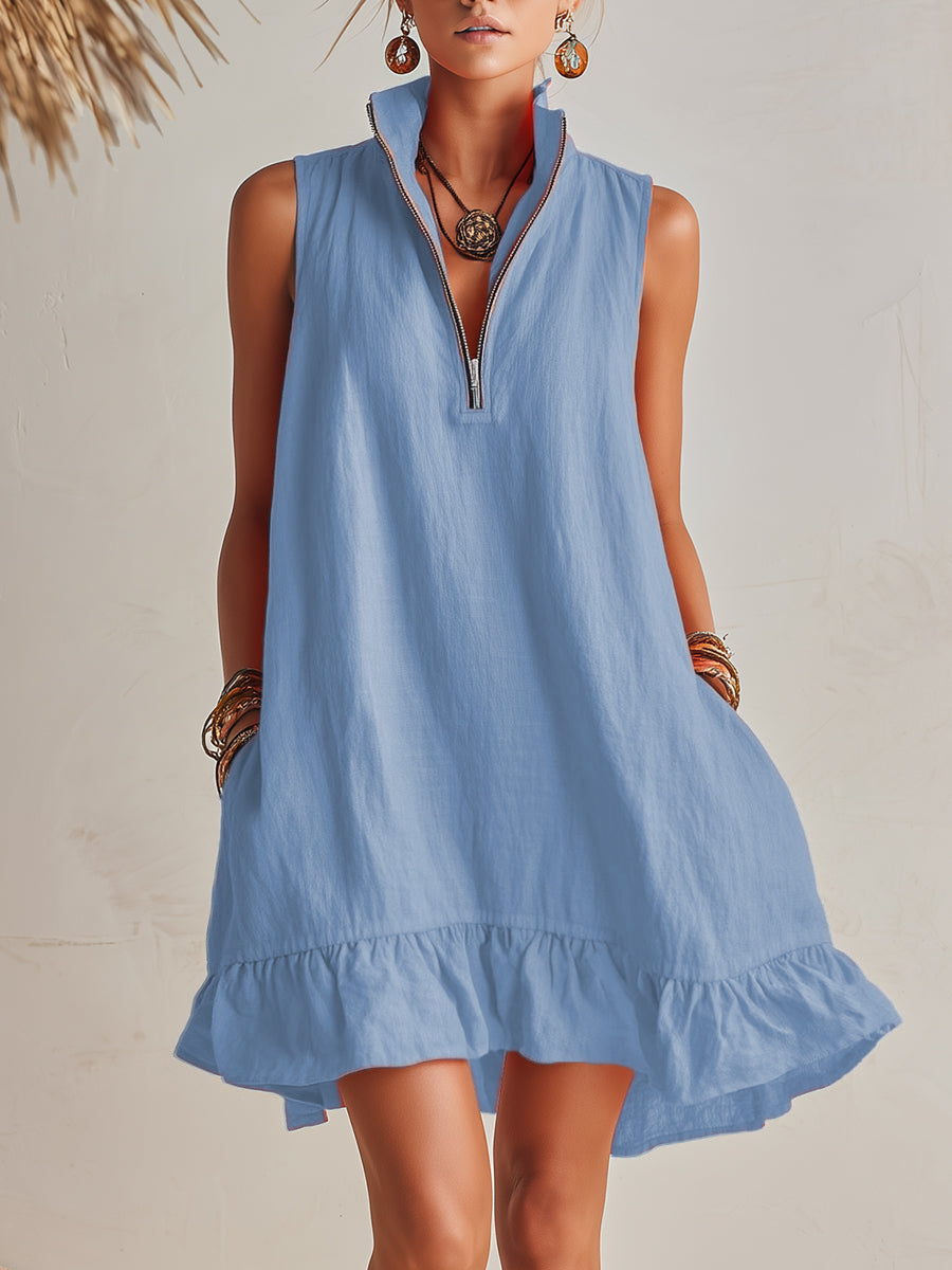 Vibrant Resort Orange Half-Zip Stand Collar Ruffled Mini Dress – Blue | The Bellemont Sisters Australia