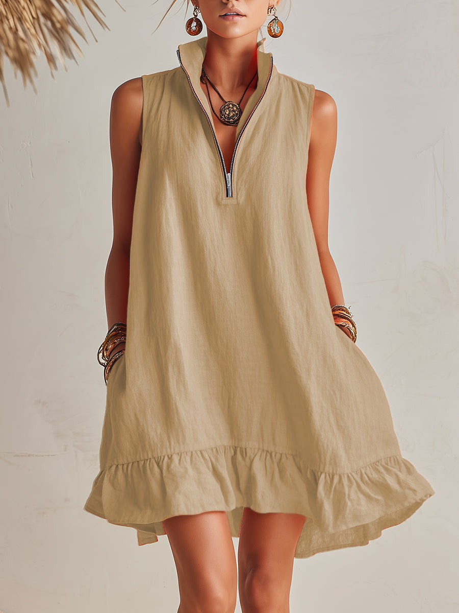 Vibrant Resort Orange Half-Zip Stand Collar Ruffled Mini Dress – Light Khaki | The Bellemont Sisters Australia