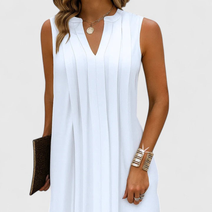 Clarhild | Elegant Flattering Dress With V-Neck – White | The Bellemont Sisters Australia