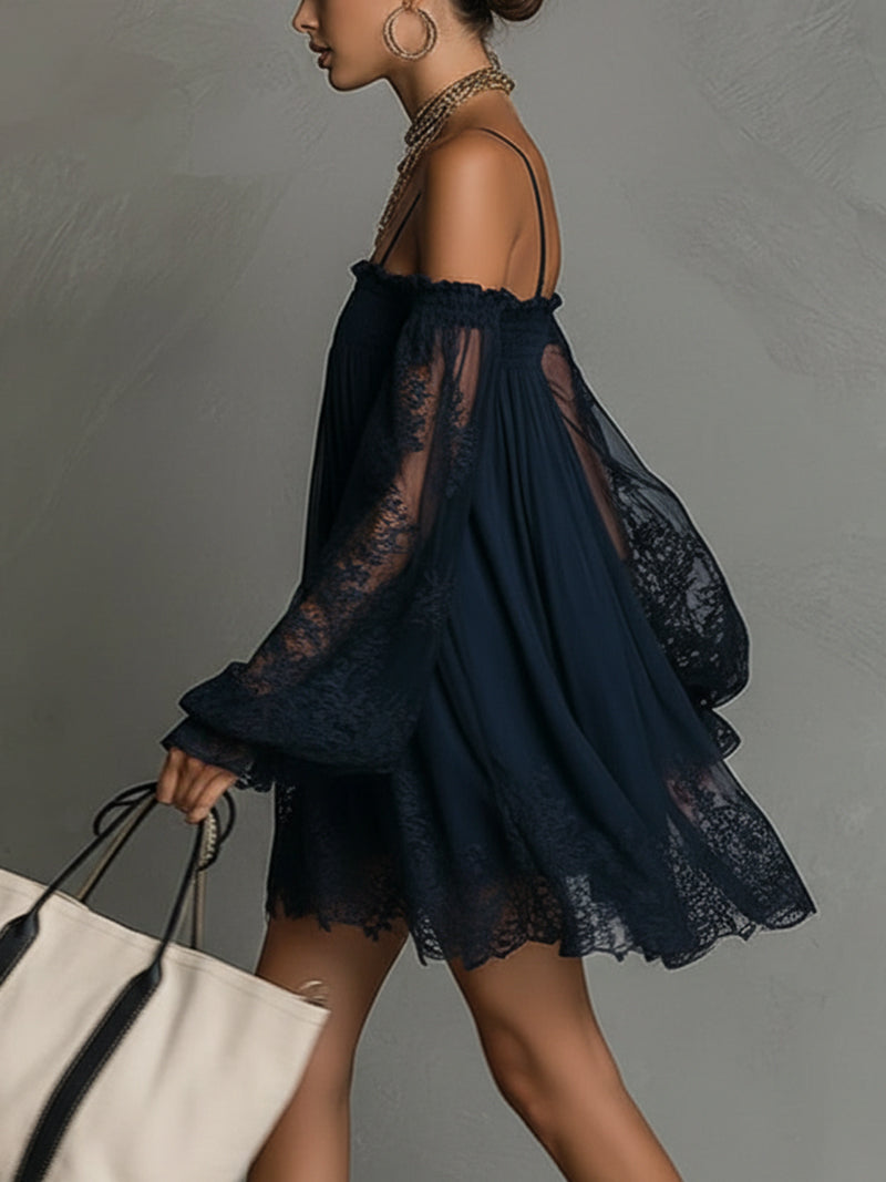 Noemi | Mini dress in navy blue chiffon with off-the-shoulder neckline, lace trim, and sheer sleeves | The Bellemont Sisters 