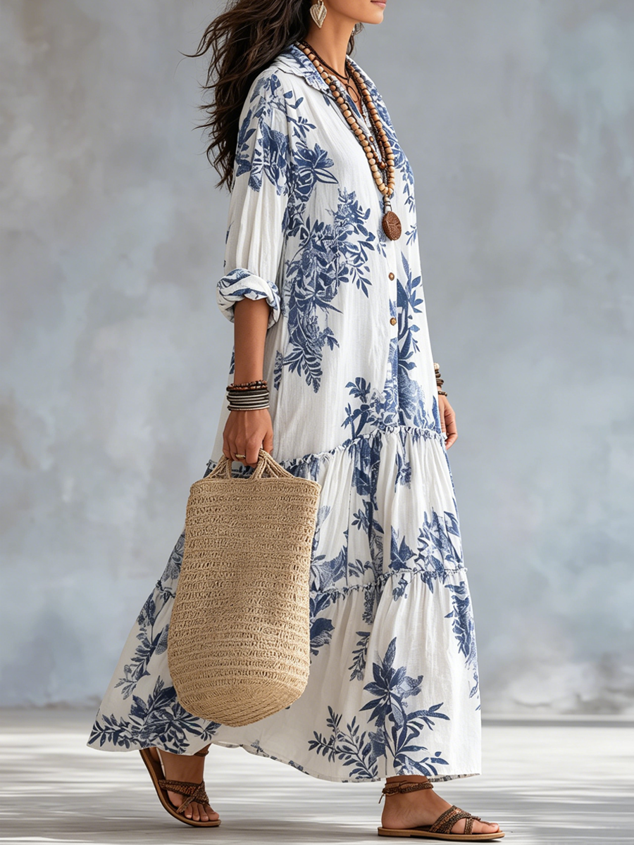 Dahlia™ | Bohemian Blue Floral Button-Down Tiered Maxi Dress | The Bellemont Sisters Australia