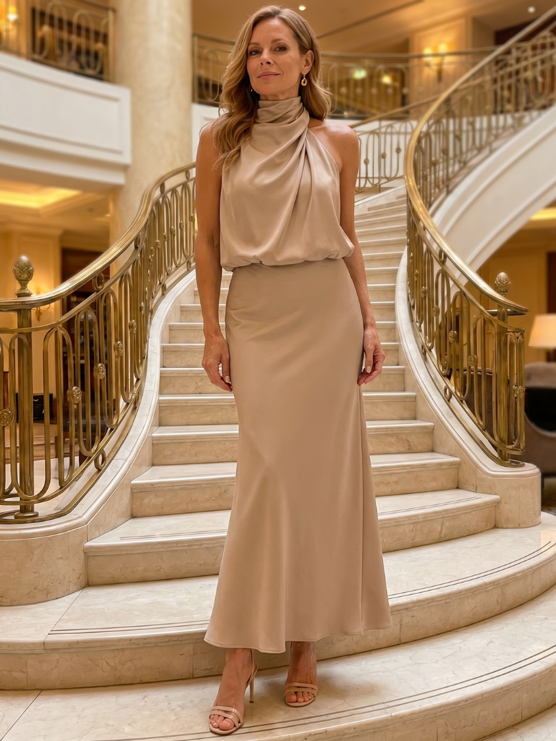 Nopal | Sleeveless Draped Neck Midi Dress | The Bellemont Sisters Australia