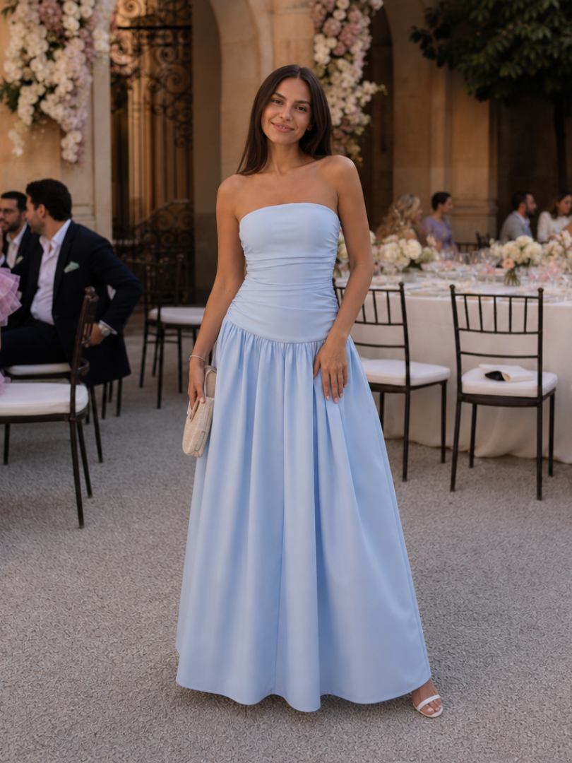 Zelene | Strapless Ruched Bodice Midi Dress – Sky blue | The Bellemont Sisters Australia