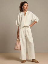 Natalia | Zip Front Blouson Top Wide Leg Set – White | The Bellemont Sisters Australia