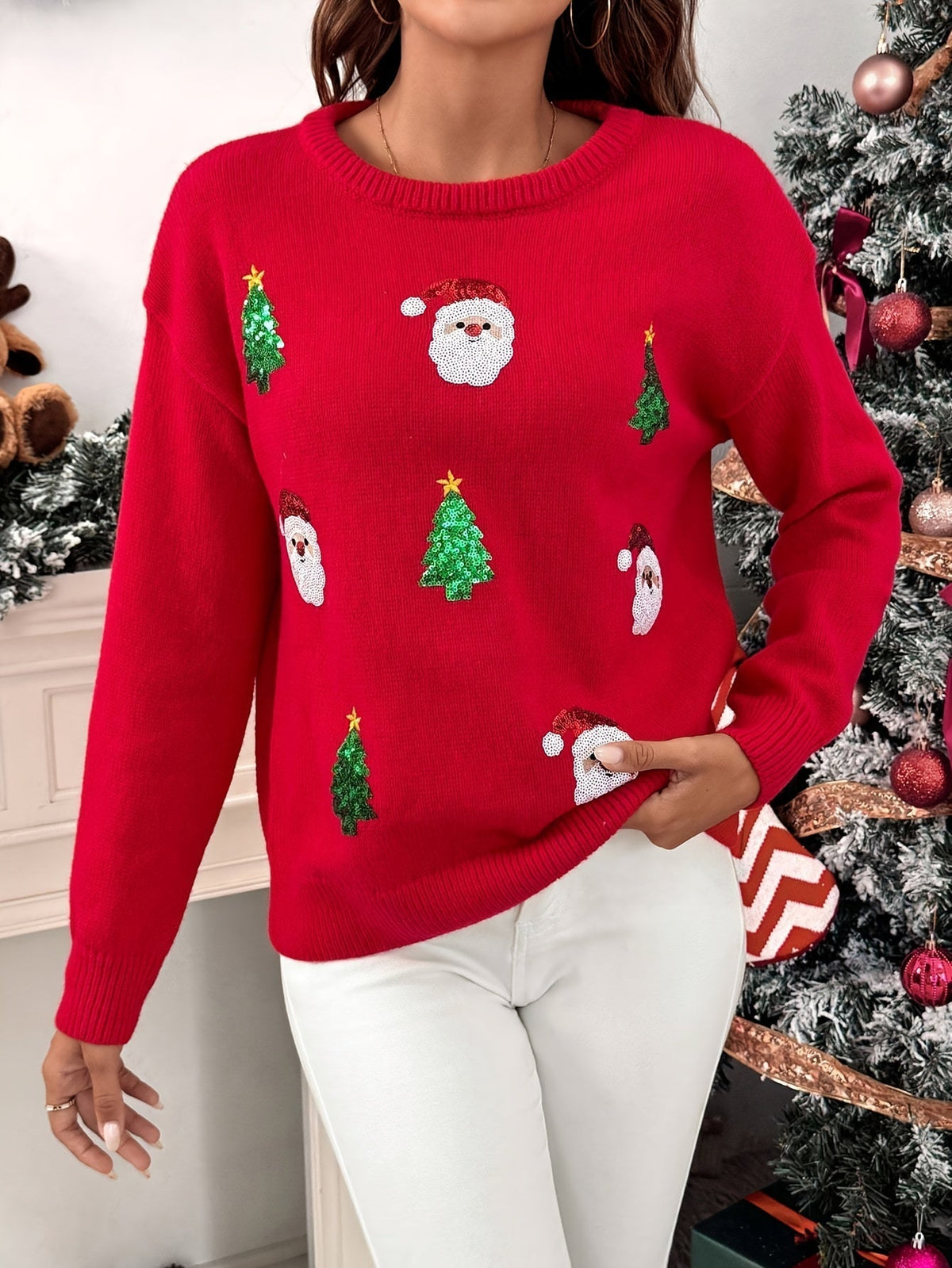 Easy Red Sequin Christmas Sweater for Women with Crew Neck Long Sleeve Sequin Santa Relaxed Fit Knit Style | The Bellemont Si