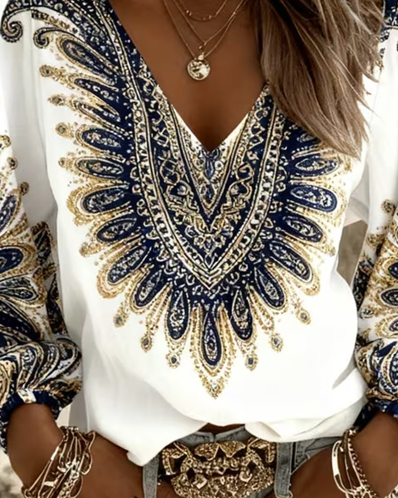 Karen | Top with V-Neck and Retro Print | The Bellemont Sisters Australia