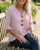 Janet | V-Neck Blouse with Wooden Buttons and Ruffled Sleeves | The Bellemont Sisters Australia