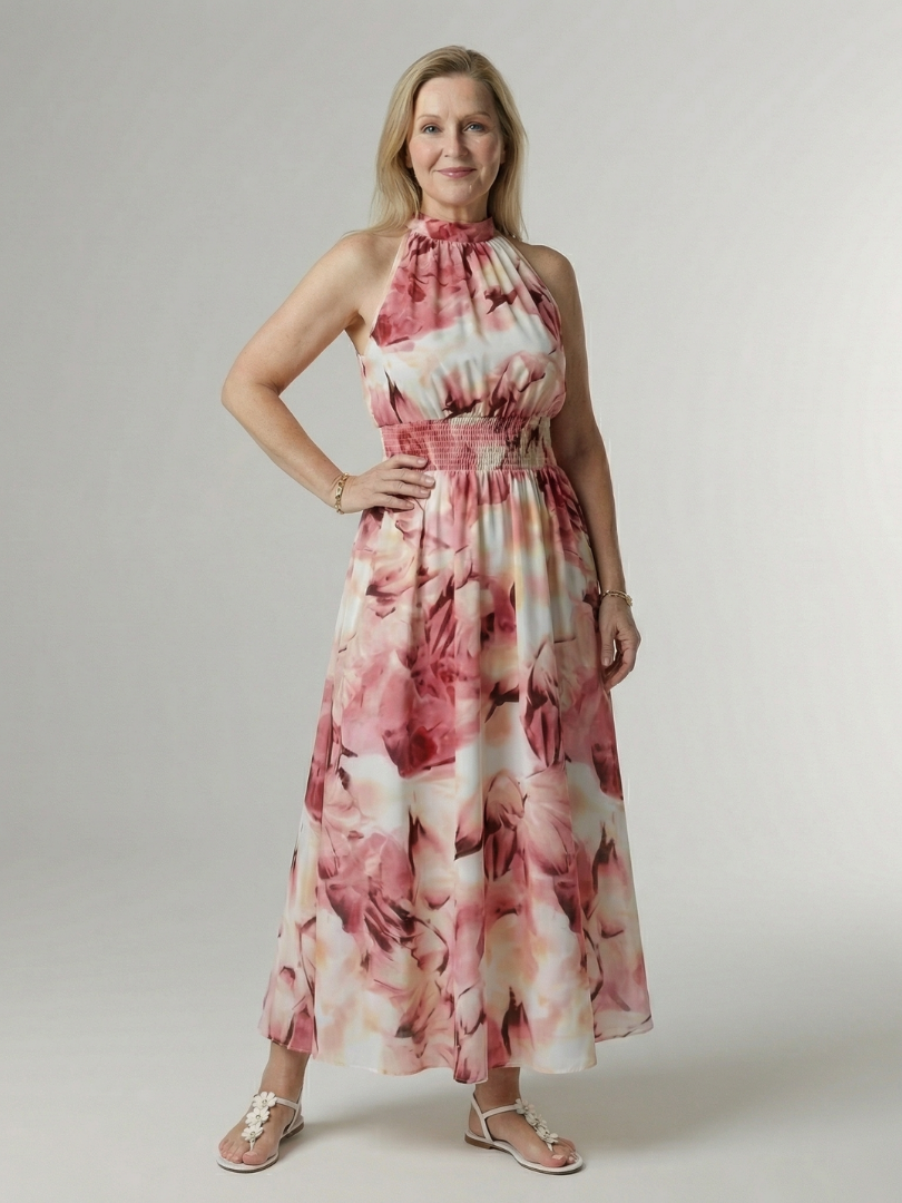Sylin | Gathered Halter Midi Dress – Pink | The Bellemont Sisters Australia