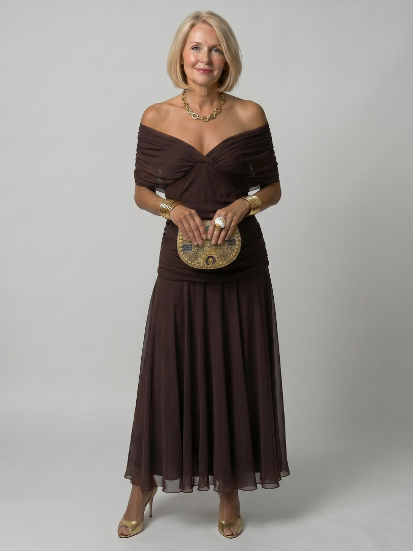 Calen™ Off Shoulder Flow Midi Dress – Brown | The Bellemont Sisters Australia