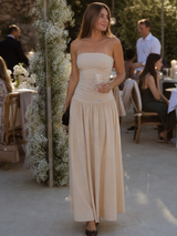 Zelene | Strapless Ruched Bodice Midi Dress – Beige | The Bellemont Sisters Australia