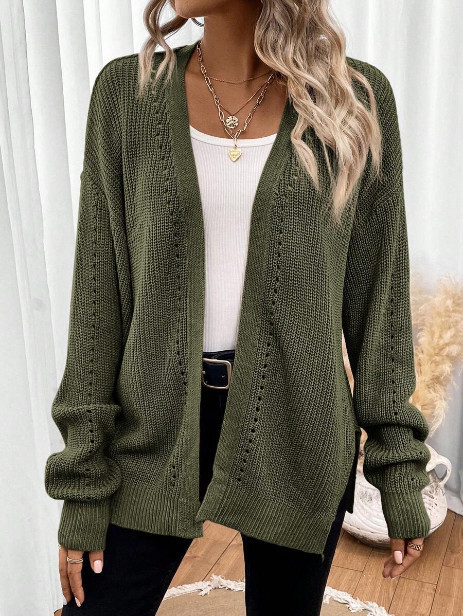 Amelie | Open Front Pointelle Knit Cardigan, Oversized Everyday Layer – Dark Green | The Bellemont Sisters Australia