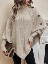 Alexis | High Neck Batwing Poncho Sweater, Asymmetrical Cable Knit Pullover – Khaki | The Bellemont Sisters Australia