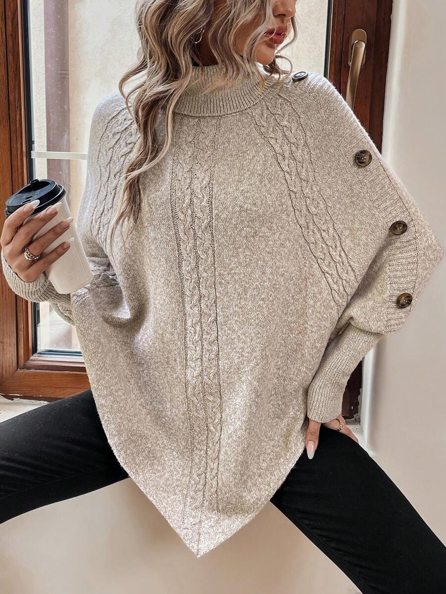 Alexis | High Neck Batwing Poncho Sweater, Asymmetrical Cable Knit Pullover | The Bellemont Sisters Australia