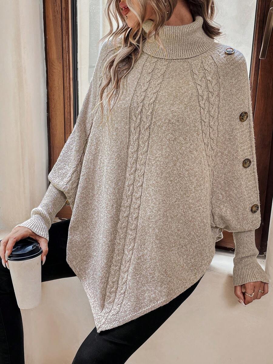 Alexis | High Neck Batwing Poncho Sweater, Asymmetrical Cable Knit Pullover | The Bellemont Sisters Australia