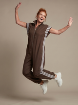 Lark | Zip Front Stripe Panel Jumpsuit – Brown | The Bellemont Sisters Australia