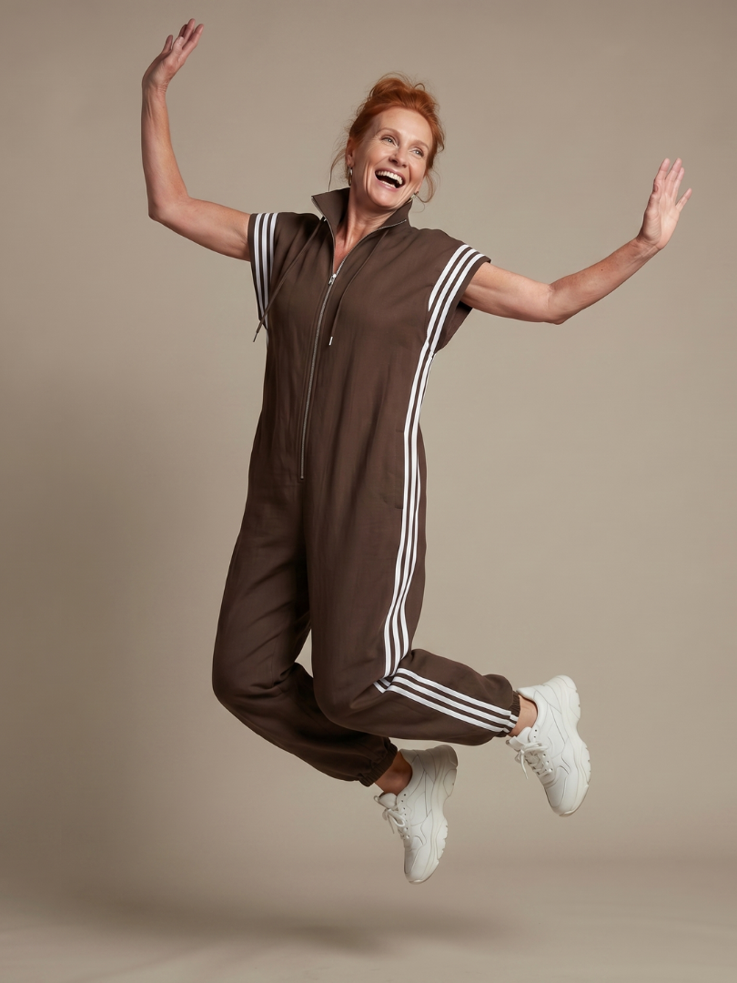 Lark | Zip Front Stripe Panel Jumpsuit – Brown | The Bellemont Sisters Australia