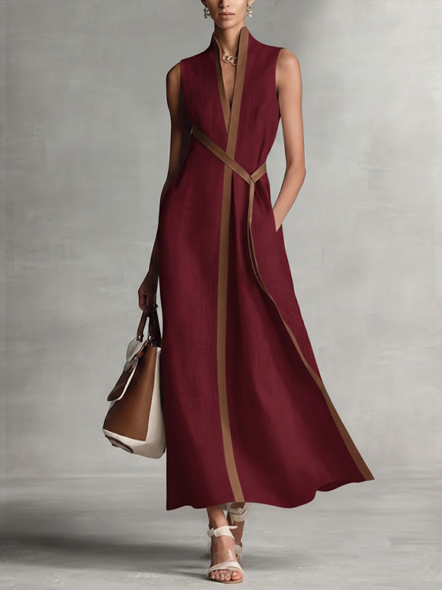 Women's Stand-up Collar Sleeveless Casual Loose Cotton And Linen Dress – Burgundy | The Bellemont Sisters Australia