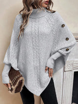 Alexis | High Neck Batwing Poncho Sweater, Asymmetrical Cable Knit Pullover – Light Gray | The Bellemont Sisters Australia