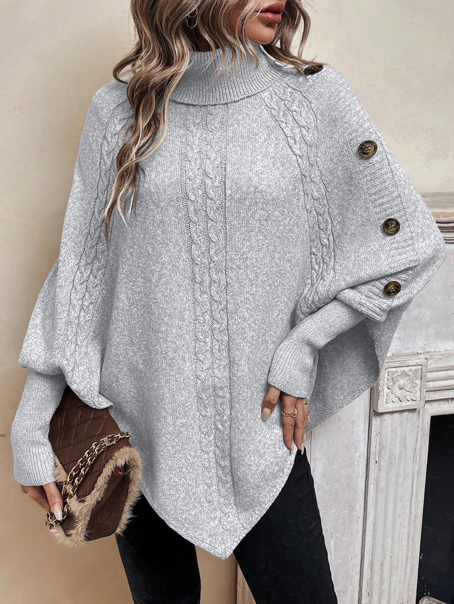 Alexis | High Neck Batwing Poncho Sweater, Asymmetrical Cable Knit Pullover – Light Gray | The Bellemont Sisters Australia