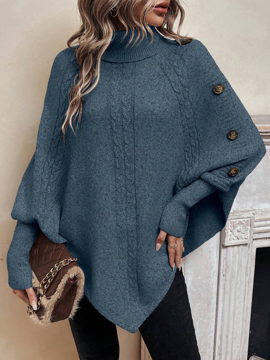 Alexis | High Neck Batwing Poncho Sweater, Asymmetrical Cable Knit Pullover – Blue | The Bellemont Sisters Australia