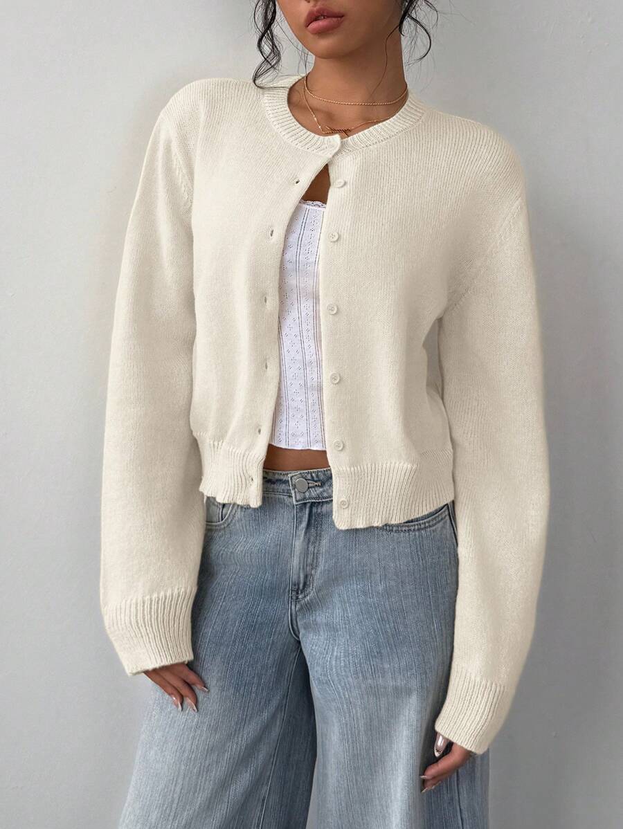Adeline | Round Neck Button Front Cardigan, Cropped Everyday Knit – Beige | The Bellemont Sisters Australia