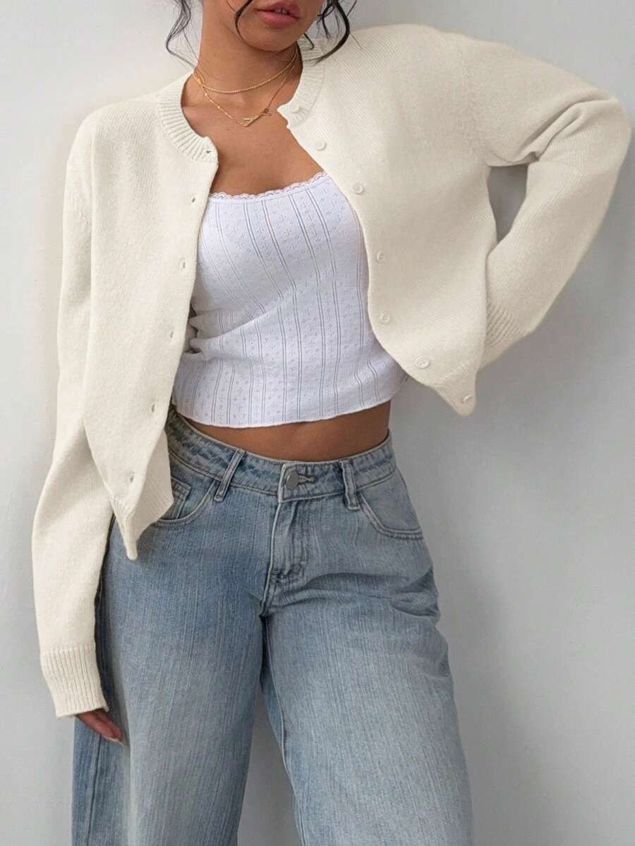 Adeline | Round Neck Button Front Cardigan, Cropped Everyday Knit | The Bellemont Sisters Australia