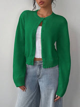 Adeline | Round Neck Button Front Cardigan, Cropped Everyday Knit – Green | The Bellemont Sisters Australia