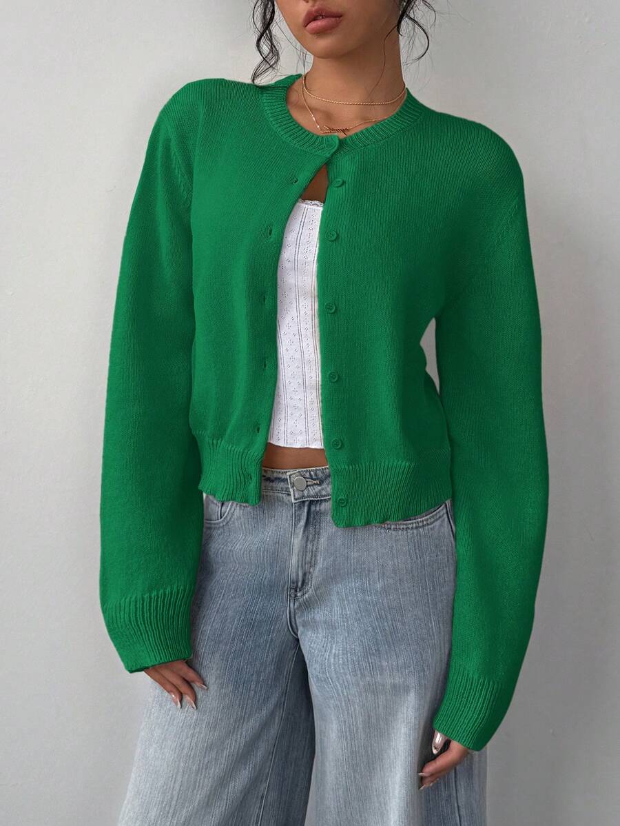 Adeline | Round Neck Button Front Cardigan, Cropped Everyday Knit – Green | The Bellemont Sisters Australia