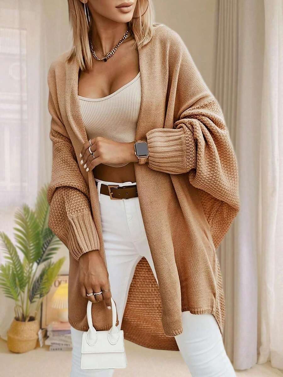 Alondra | Oversized Batwing Sleeve Cardigan, Open Front Longline Sweater – Khaki | The Bellemont Sisters Australia
