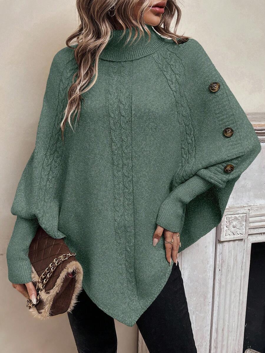 Alexis | High Neck Batwing Poncho Sweater, Asymmetrical Cable Knit Pullover – Olive Green | The Bellemont Sisters Australia