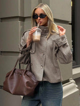 Annabelle | Houndstooth High Neck Button Front Jacket, Chic Winter Coat | The Bellemont Sisters Australia