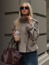 Annabelle | Houndstooth High Neck Button Front Jacket, Chic Winter Coat | The Bellemont Sisters Australia