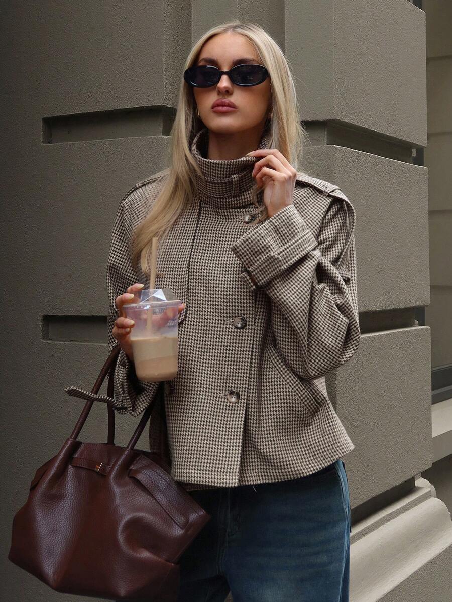 Annabelle | Houndstooth High Neck Button Front Jacket, Chic Winter Coat | The Bellemont Sisters Australia
