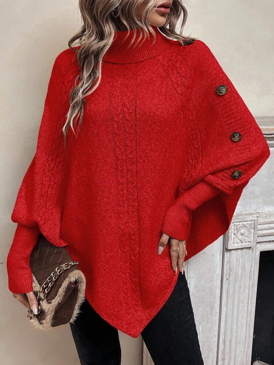 Alexis | High Neck Batwing Poncho Sweater, Asymmetrical Cable Knit Pullover – Red | The Bellemont Sisters Australia