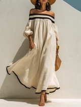 Loose-fitting Color-blocked Off-the-shoulder Maxi Dress – Beige | The Bellemont Sisters Australia