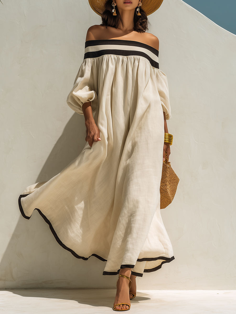 Loose-fitting Color-blocked Off-the-shoulder Maxi Dress – Beige | The Bellemont Sisters Australia