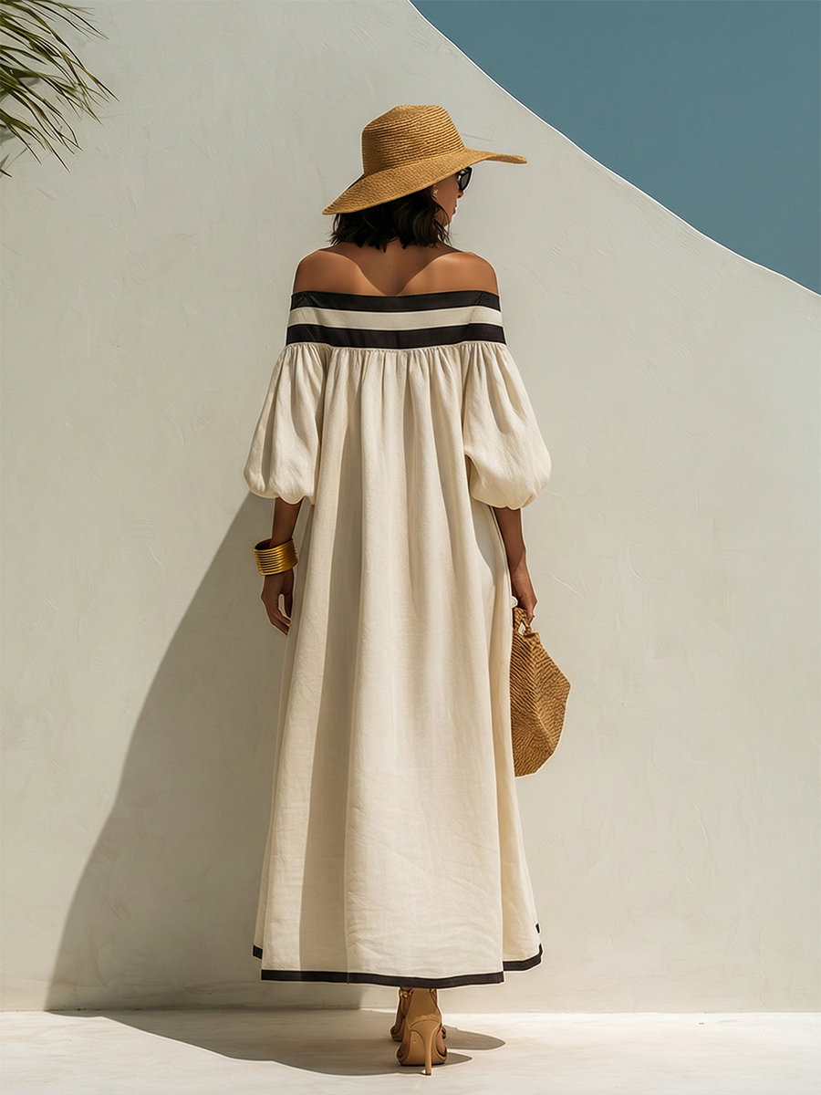 Loose-fitting Color-blocked Off-the-shoulder Maxi Dress | The Bellemont Sisters Australia