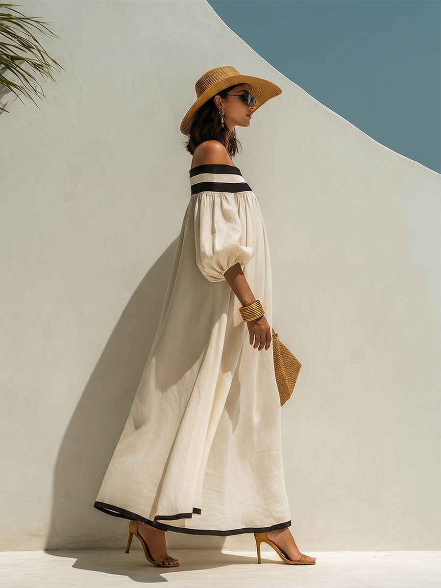 Loose-fitting Color-blocked Off-the-shoulder Maxi Dress | The Bellemont Sisters Australia