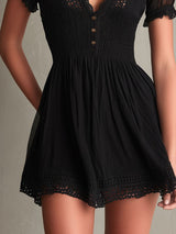 Classic Muse Smocked Lace-Trim Black  Mini Dress | The Bellemont Sisters Australia