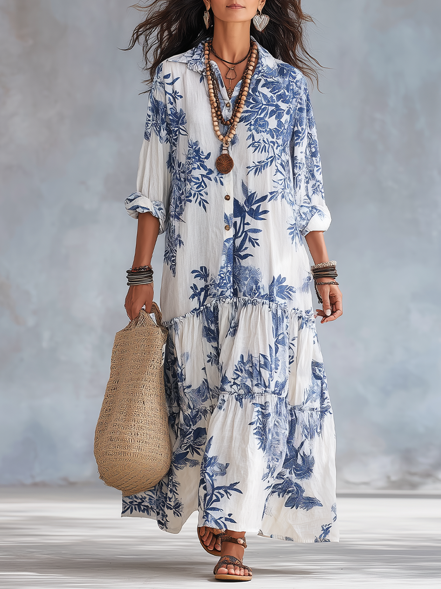 Bohemian Blue Floral Button-down Maxi Dress – White | The Bellemont Sisters Australia